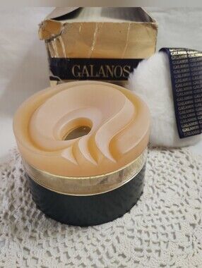 Vtg Galanos Deluxe Dusting Powder 8 Oz Open Box Ornate Vanity Lid Luxe Puff Rare